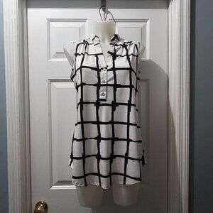 Perception Concept Sleeveless Grid Blouse – Black & White Print, Button Front